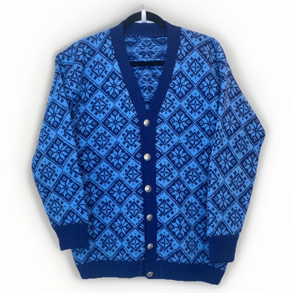 Vintage Norwegian Cardigan Sweater Large V-Neck Wool Blue Heavy Knit Winter